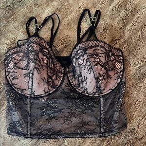 Victoria's Secret Black Lace Longline Bra with Nude Cups